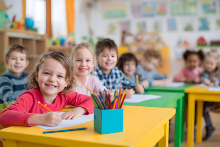 Young kids smile while drawing with pencils at colorful tables in a classroom.の素材