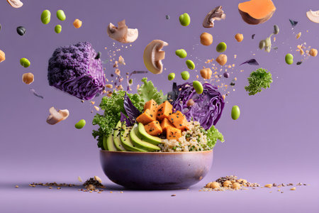 Vegan bowl ingredients fly upwards creating a vibrant food display.の素材