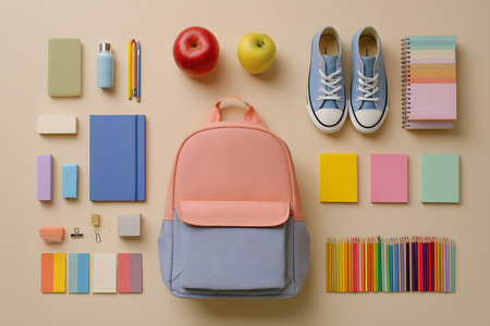 A kid&#39;s backpack sits with school supplies arranged neatly around it.の素材