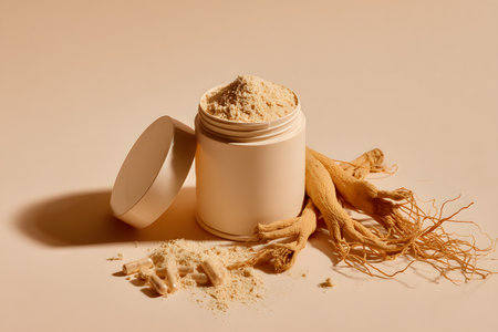Product powder spills from container near ginseng roots and pills.の素材