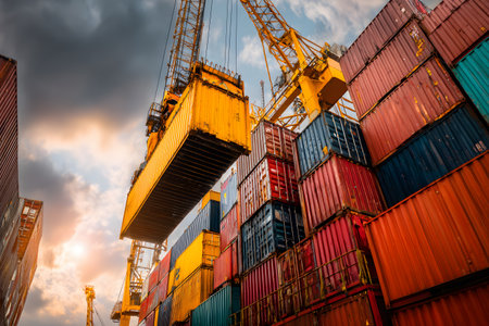 Crane lifts container for transportation amongst stacked cargo.の素材