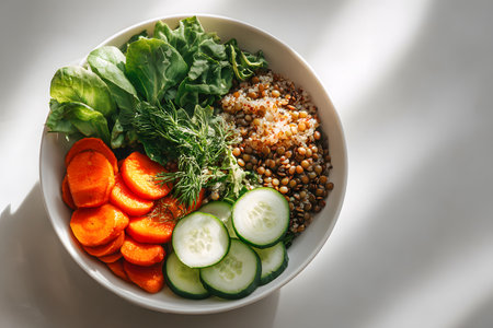 Fresh vegan bowl contains carrots, cucumber, lentils, and greens for a healthy meal.の素材