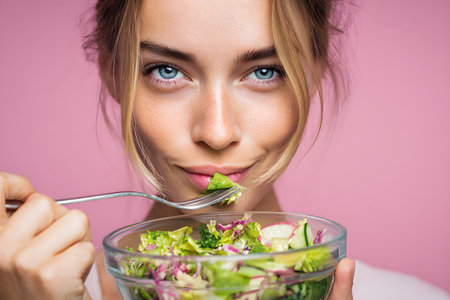 A woman eats a fresh vegan salad with a fork and enjoys healthy food.の素材