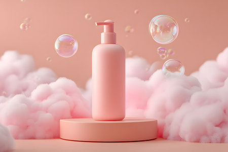 A soft pink bottle of beauty product sits among clouds and bubbles.の素材
