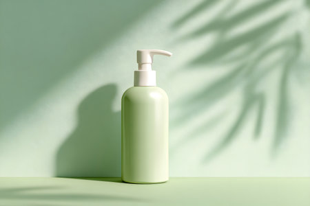 A green pump bottle stands on a light green surface with soft shadows of palm leaves.の素材