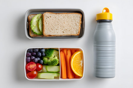 A prepared lunchbox with a sandwich and healthy snacks is ready for a kid.の素材