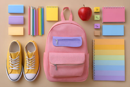 Kid items are arranged neatly on the floor for school.の素材