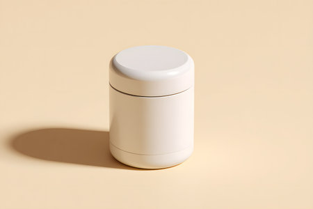 A round white jar sits on a light background presenting a beauty product.の素材