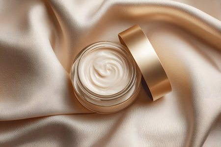 Beauty product cream in open jar rests on soft silk fabric.の素材