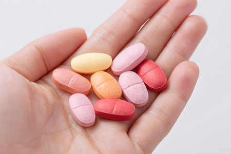 Many colorful pills sit in an open hand.の素材