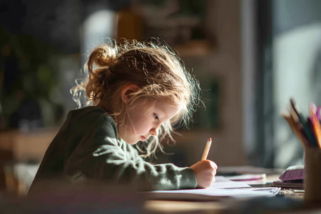 A young kid is focused on writing or drawing with a pencil at a table.の素材