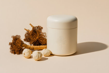 A simple beauty product container sits beside natural root and bulb elements.の素材