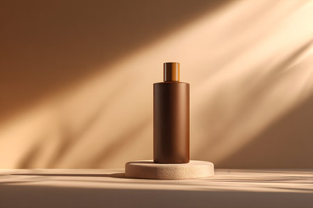A brown beauty product bottle stands elegantly on a textured pedestal with soft light casting shadows.の素材
