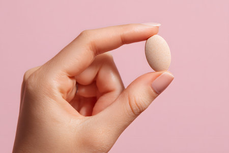 A hand holds a single pill between its fingers.の素材