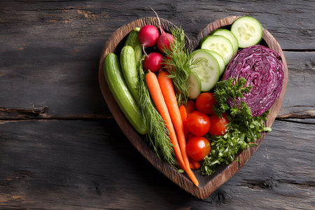 Fresh vegetables arranged in a heart shape suggests healthy eating for a good life.の素材