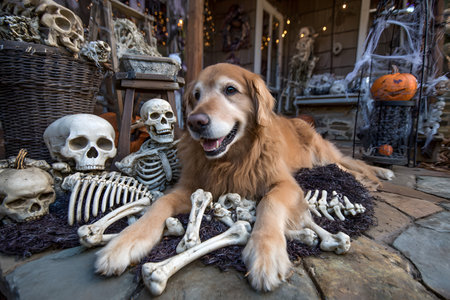 A happy dog sits among Halloween decorations and skeletons.の素材