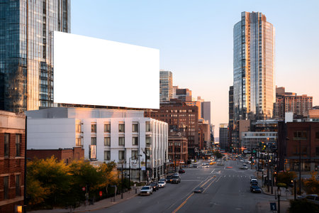 A large empty billboard sits on a building overlooking a busy city street.の素材