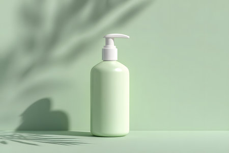 A pastel green beauty product bottle stands tall with a pump dispenser ready for use.の素材