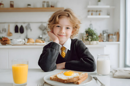 Young kid smiles while resting head on hand at breakfast table.の素材