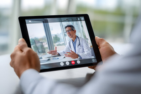 A doctor on a tablet is speaking during a video call.の素材