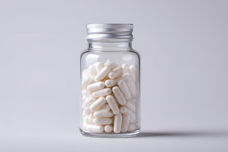 A glass bottle holds many white pills ready for use.の素材