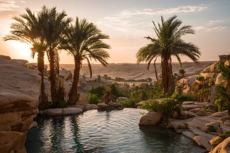 Palm trees grow beside a desert oasis reflecting the sky.の素材