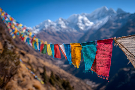 Colorful Himalayan prayer flags wave in a travel landscape below snowy mountains.の素材