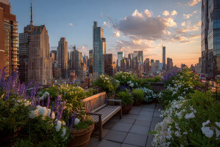 Travel landscape scene shows a bench among flowers overlooking city buildings.の素材