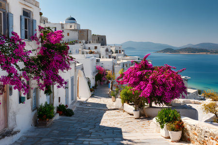 A beautiful travel landscape with white buildings and vibrant flowers overlooks a blue sea.の素材