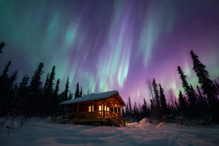 A cozy cabin rests beneath the stunning aurora borealis in a winter landscape.の素材