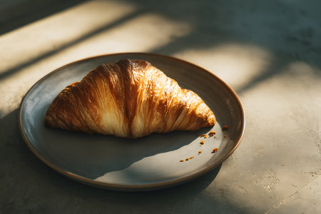 A golden croissant rests on a plate bathed in light from a bakery.の素材
