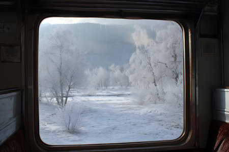 Winter travel landscape viewed from train window with frosted trees.の素材