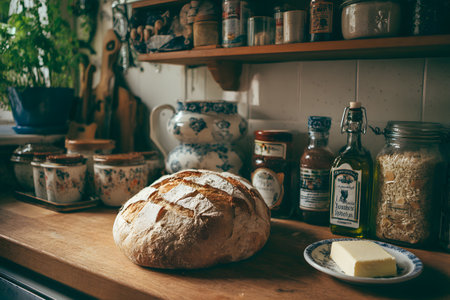 A round loaf of bread rests on a wooden counter in a bakery kitchen.の素材