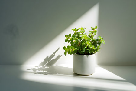 A green plant sits in a white pot casting shadows on a wall.の素材