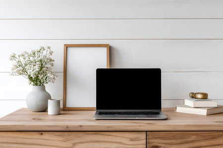 A laptop rests open on a desk with books and flowers.の素材