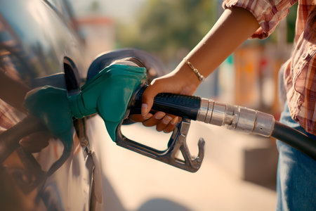 A hand holds a gas pump to fill a vehicle with fuel.の素材