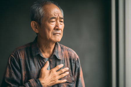An elderly man holds his chest in discomfort, feeling physical pain and distress.の素材