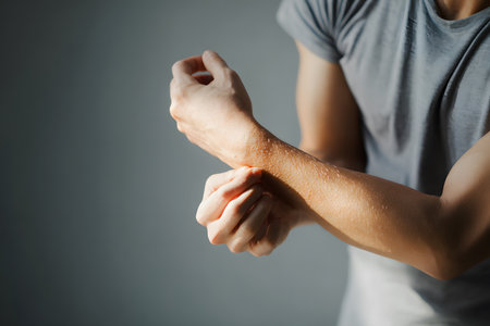 Person touches arm experiencing pain with soft light.の素材