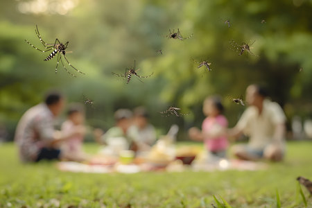 Mosquitoes swarm above a family enjoying a picnic in a park.の素材