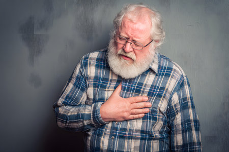 Elderly man feeling pain in his chest holding his heart.の素材