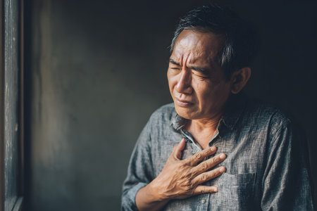 Man clutches chest in pain feeling heart distress.の素材