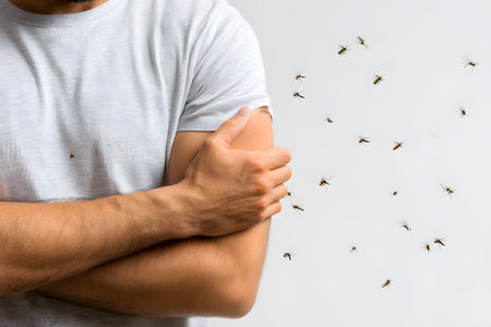 Mosquitoes swarm around a person protecting their arm.の素材