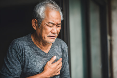 Man feels chest pain holding his heart.の素材