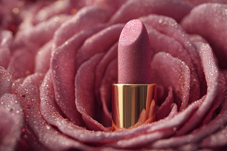 A shiny pink beauty product sits nestled within soft rose petals.の素材