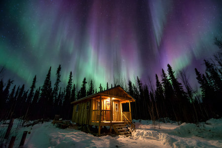 A rustic cabin sits under a colorful aurora borealis in a snowy travel landscape.の素材
