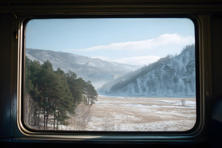 Travel landscape unfolds from window showing snow covered mountains.の素材