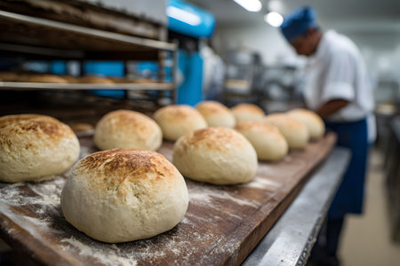 Freshly baked bread rolls resting on a bakery surface.の素材