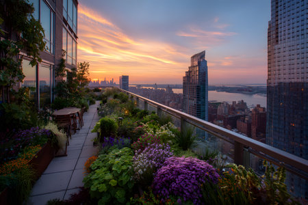 Garden balcony views city skyline sunset paints sky with color.の素材
