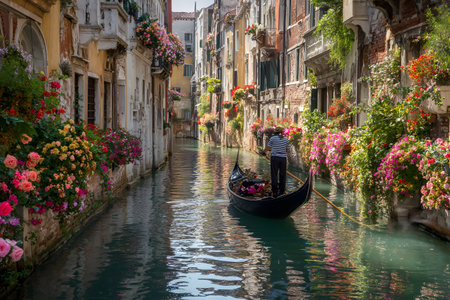Travel landscape shows gondola navigating a floral canal.の素材