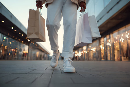 Person walks with shopping bags on a street outside shops.の素材